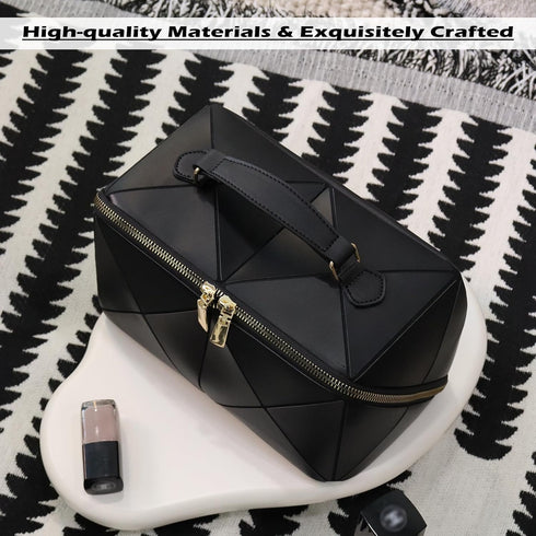 IMCUZUR Travel Makeup Bag, Large Cosmetic Bag for Women, Open Flat Portable Skincare Bag with Handle (Black)