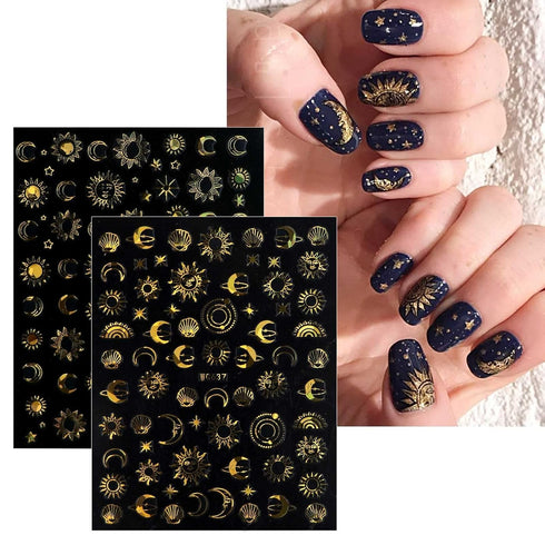 JMEOWIO 10 Sheets Moon Star Sun Nail Art Stickers, Colorful Self-Adhesive Decals for Nail Design Accessories