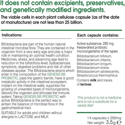 Genesis Bifidobacterium Complex BB Probiotic Travel Pack - 14 Capsules of 240 Mg