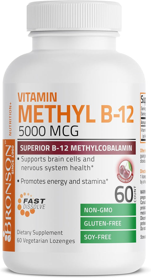 Bronson Methyl B12, 5000 mcg, Vitamin B12 Methylcobalamin, Energy & Brain Support, 60 Lozenges