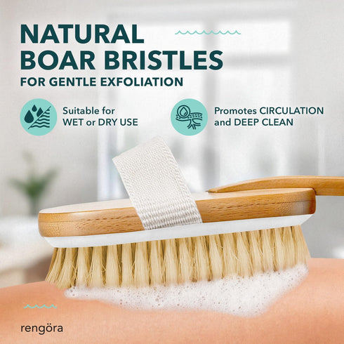 Long Handled Back Scrubber for Shower - 18" Boar Bristle Brush, Wooden Bath Brush
