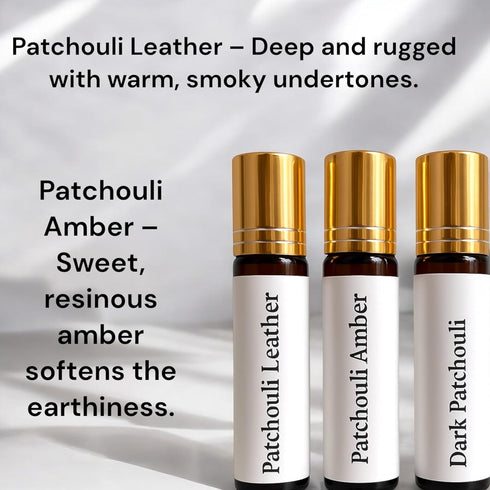 Set, 3 Patchouli Essential Oil Fragrances, Leather, Amber and Dark Scents, All-Natural Roll-On Perfume, Men & Women