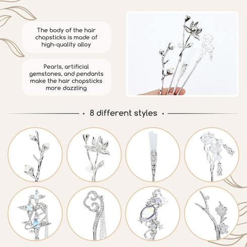 inSowni 8 Pieces Decorative Retro Crystal Pearl Hair Sticks, Asian Chinese Hanfu Hair Forks for Women Girls
