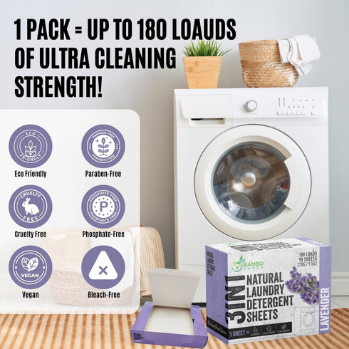 180 Loads Natural Laundry Detergent Sheets, 90 Sheet Pack (Calm Lavender) - Biodegradable, Mess Free, Eco Friendly