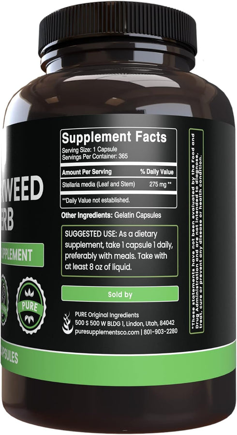 PURE ORIGINAL INGREDIENTS Chickweed Herb, 365 Capsules, No Fillers, Always Pure, Lab Verified
