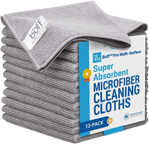 12 Pack MW Pro Multi-Surface Microfiber Cleaning Cloths | Gray | Premium Towels for Cleaning Glass, Kitchens,