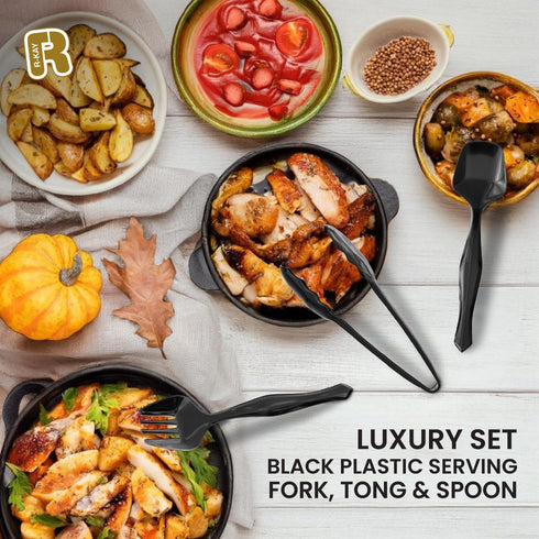 18 Pcs Black Plastic Serving Utensils - 6 Spoons, 6 Tongs, 6 Forks - Heavy Duty Disposable Set