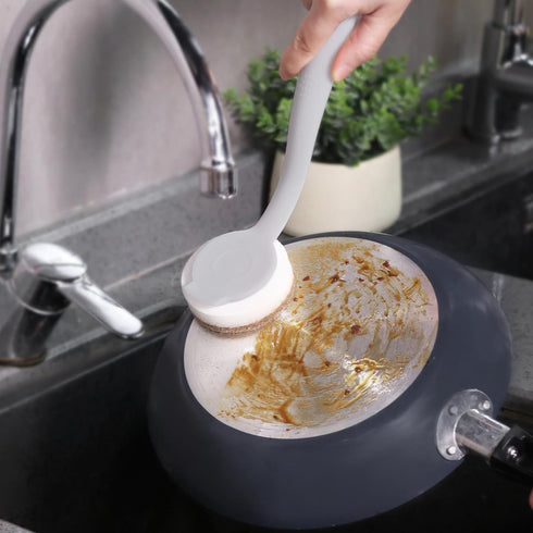 DrDirt Kitchen Sponges with Handle - 2 Round Wood Pulp Dish Sponges & 1 Non-Scratch Scouring Pad for Pans & Sink