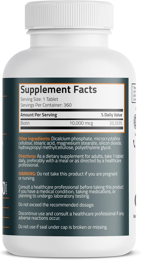 Bronson Biotin 10,000 MCG Supports Healthy Hair, Skin & Nails & Energy Production - High Potency Beauty Support - Non-GMO, 360 Vegetarian Tablets