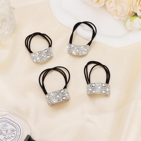 YISSION 4Pcs Sparkly Rhinestone Hair Ties, Fancy Crystal Ponytail Holders for Thin Thick Hair, Silver Accessories