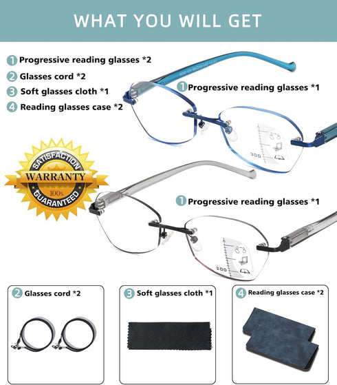 Rimless Multifocus Reading Glasses Women Progressive Multifocal No Line Bifocal Reader Blue Light Computer Eyeglasses