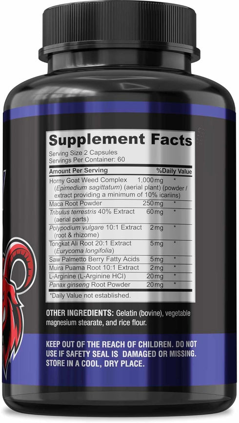 YUMMYVITE -120 120 Horny Goat Weed Extra Strength Capsules w. Maca, L-Arginine, Ginseng - Boost Desire, Performance