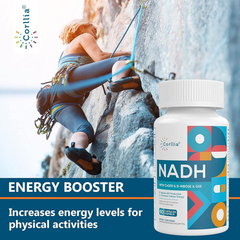 NADH + CoQ10 + D-Ribose Supplement - Enhance NAD+ Supplement for Energy & Fatigue, 60 Capsules