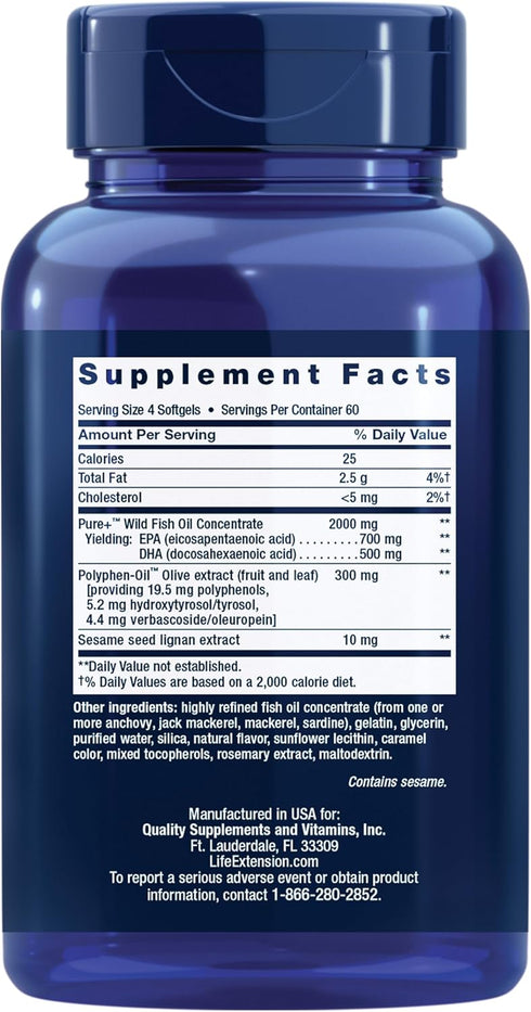 Omega-3 Inflammation 240 Life Extension Super EPA/DHA Fish Oil, Sesame Lignans & Olive Extract Heart Health, Brain
