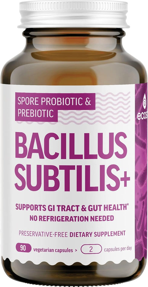 Bacillus Subtilis Probiotic — High Potency Strain with Prebiotic for Daily Gut Health, 90 Vegetarian Capsules, 6