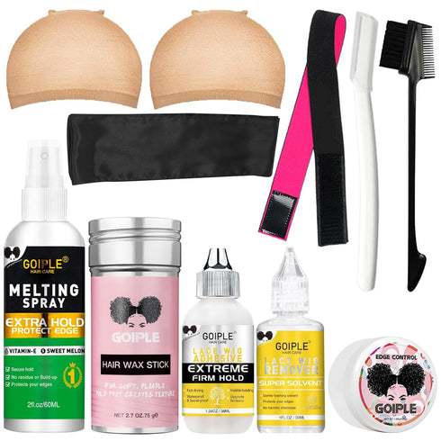 Wig Accessory Essentials Kit, 10PCS Lace Front Wig Glue, Caps, Hair Wax Stick, Edge Control, and More