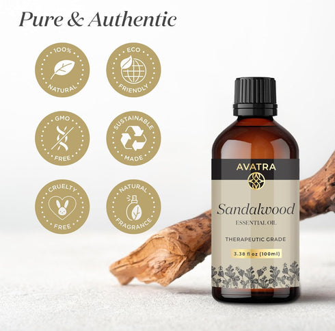 Avatra Sandalwood Essential Oil 3.38 Fl Oz - Natural Oil for Skin, Aromatherapy, Diffuser, Soap, Candle Making