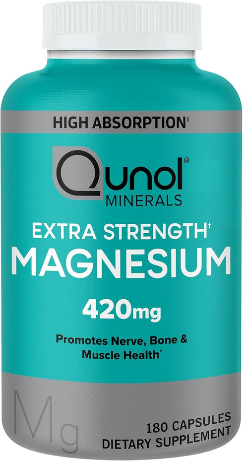 Qunol Magnesium Capsules 420mg - 180 Count High Absorption Extra Strength Supplement for Bone and Muscle Health