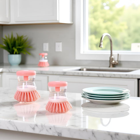 WLSuDHoncc 2Pcs Pink Dish Brush with Soap Dispenser,Soap Dispensing Brush, Kitchen Brush,Dish Pot Pan Sink Cleaning
