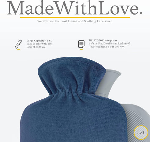 Qomfor 2L Hot Water Bottle - with Soft Premium Fleece Cover - Dark Blue, - Heating Pad for Menstrual Cramps & Period