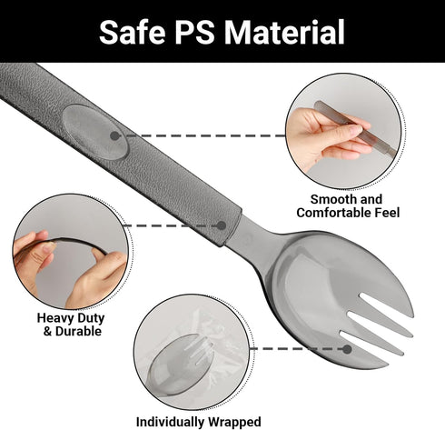 EUSOAR 50pcs Disposable Sporks, 6.8"x1.3" Heavy Duty Plastic Cutlery, Individually Wrapped Fork Spoon for Parties