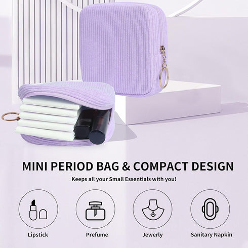 Teircno Sanitary Napkin Storage Bag, Preppy Corduroy Period Bag for Women, Cute Portable Period Pouch with Zipper