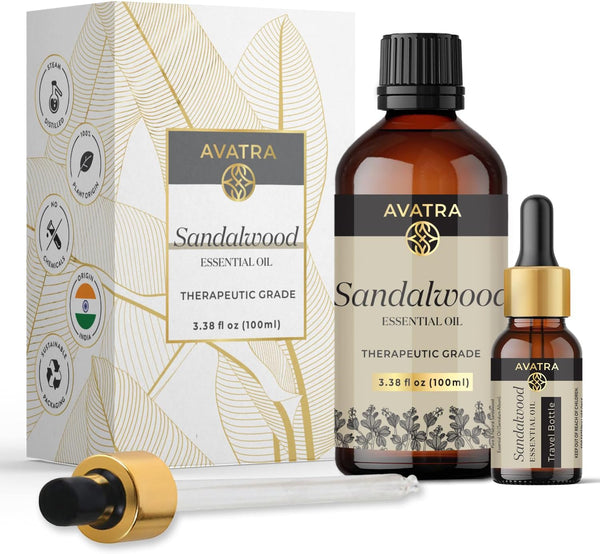 Avatra Sandalwood Essential Oil 3.38 Fl Oz - Natural Oil for Skin, Aromatherapy, Diffuser, Soap, Candle Making