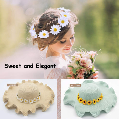 Honbay 2PCS Fashion Flower Headband, Sunflower Hair Wreath Festival Hair Band (Yellow + White)