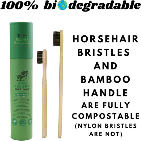 Pack 4 4 Gaia Guy Natural Bristle Bamboo Toothbrush Family (NO Nylon - Horsehair ONLY) - Totally Compostable