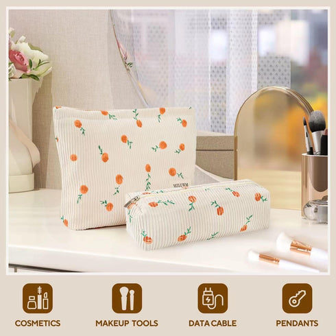 Aesthetic Women Makeup Bag Set, Large Capacity Cosmetic Bags for Brush Storage, Corduroy Handbags, Travel Essentials
