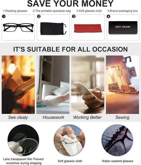 OCCI CHIARI Men Reading Glasses, 2.5 Magnifier Readers, Multiple Magnification Options from 1.0 to 6.0