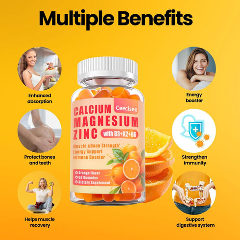 Calcium Magnesium Zinc Gummies with D3, B6 & K2, 1000mg Calcium Gummies for Adults and Teens, Sugar Free, 60 Count