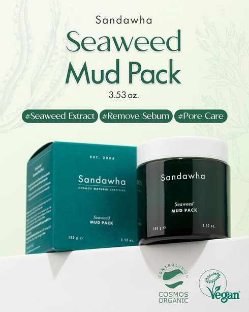 SKINCURE Vegan Seaweed Mud Mask with Kaolin & Bentonite - Pore Detoxifying & Cleansing Face Clay Mask, Soothes Sensitive Skin, Tightens Pores, Oil Control for Women and Men, 3.5oz.