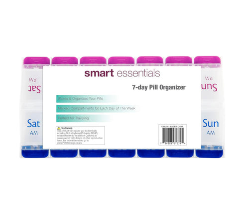 Smart Essentials 7-Day Weekly AM/PM Pill Organizer, Medicine Box with Large Compartments, Pink and Blue, Clear Plastic