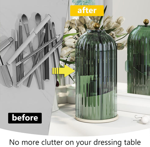 Makeup Brush Holder with Dustproof Cover, 360 Rotating Organizer for Vanity Bathroom (Green)