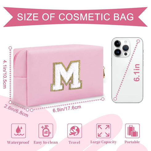 Personalized Initial A-Z Preppy Patch Makeup Bag, Small PU Chenille Letter Cosmetic Bag for Teen Girls