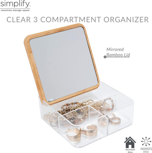 Simplify 3 Compartment Organizer with Bamboo Lid | Mirror | Perfect for Jewelry | Cosmetics | Accessories | Vanity & Countertop | Keepsake Storage Box | Clear by Simplify