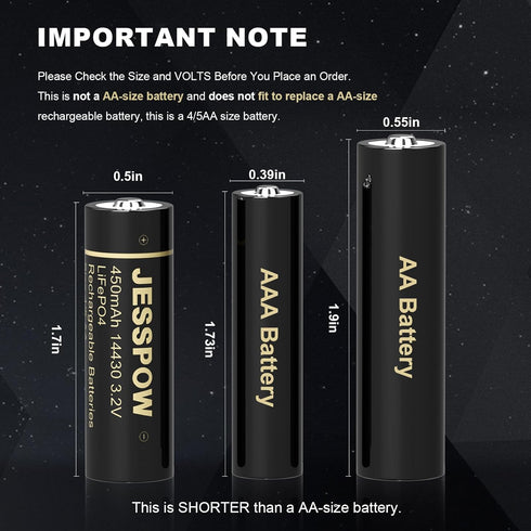 JESSPOW 3.2 Volt Rechargeable Solar Battery - 450mAh LiFePo4 Batteries 8 Pack for Outdoor Lights and Devices