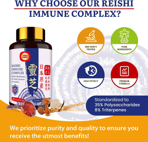 Japanese Reishi Mushroom Complex Supplement 1500mg - Organic Mushroom Capsules for Immune, Brain & Energy Support