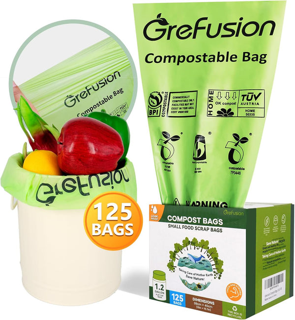 Compostable Bags, 1.2 Gallon, 125 Count, Kitchen Compost Bin, Certified by BPI and ASTM, Leakproof, Odor Control