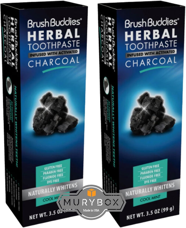 Brush Buddies Herbal Toothpaste with Activated Charcoal, 3.5 oz, Whitening, Fluoride Free, Pack of 2 + MB Sticker