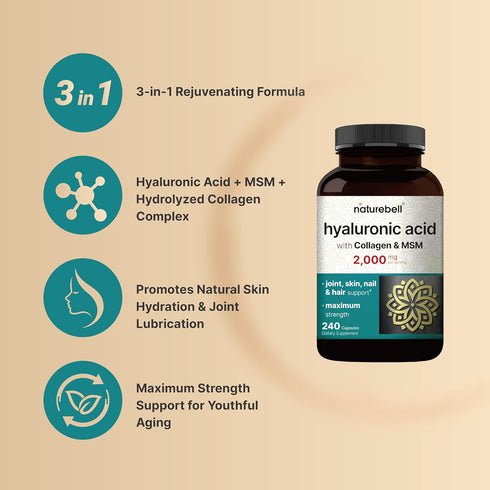 NatureBell Hyaluronic Acid Supplements 2,000 mg | 240 Capsules with MSM & Hydrolyzed Bovine Collagen