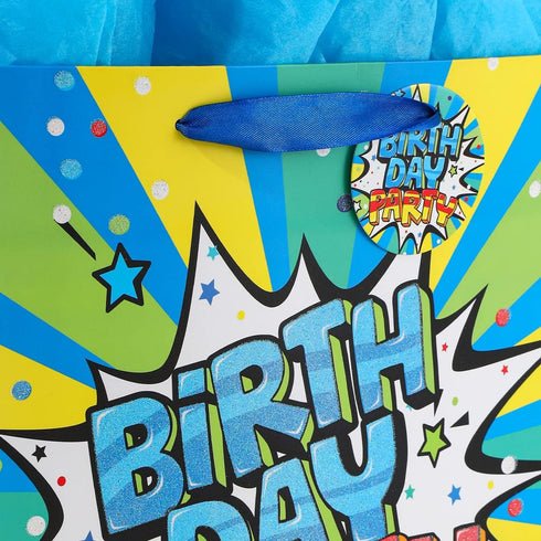 Vammy 13" Large Birthday Gift Bag with Tissue Paper, 2 Pack Paper Gift Bags for Fireworks Birthday Party, Colorful Cake
