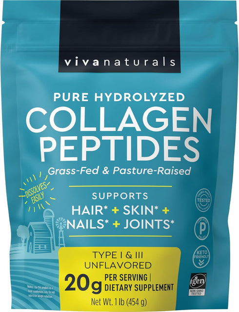 Viva Naturals Hydrolyzed Collagen Peptides Powder, 1 lb Unflavored Bovine Collagen for Women, Type I & III, Grass-Fed