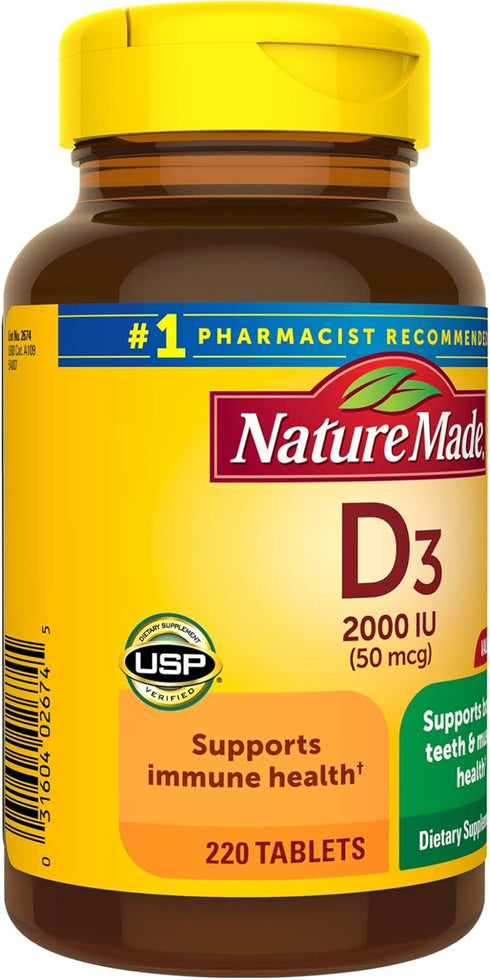 Vitamin D3 220 Tablets - 2000 IU (50 mcg), Supports Immune Health, Strong Bones and Teeth, & Muscle Function, 250%