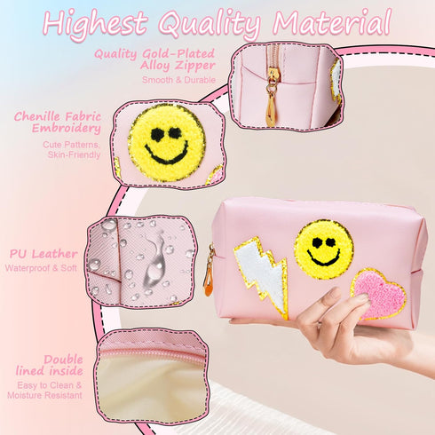WECOOL Preppy Makeup Bag, Waterproof PU Leather Smiley Face Patch, Portable Cute Toiletry Bag with Zipper for Women