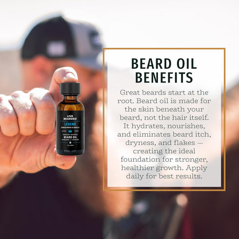 Live Bearded 1 fl oz Beard Oil, Premium All-Natural Jojoba, Legend Scent - Sandalwood, Vanilla