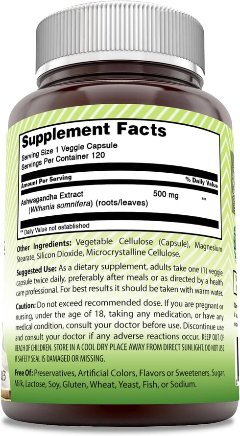 Amazing India Ashwagandha 500 mg Veggie Capsules Supplement | Made with Natural Ashwagandha | Non-GMO | Gluten Free (120 Count)