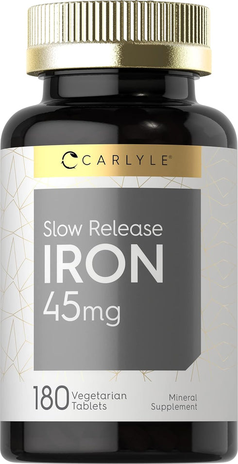 Carlyle Slow Release Iron | 45 mg | 180 Tablets - Vegetarian, Non-GMO, Gluten Free Formula | Ferrous Sulfate Mineral