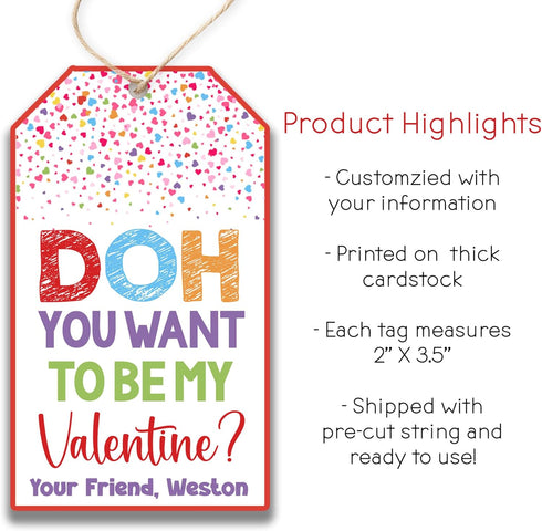 Set 20 GT489 of Personalized Doh You Want to Be My Valentine Kid's Treat Tags | Play Dough Valentinne Tags | Customized